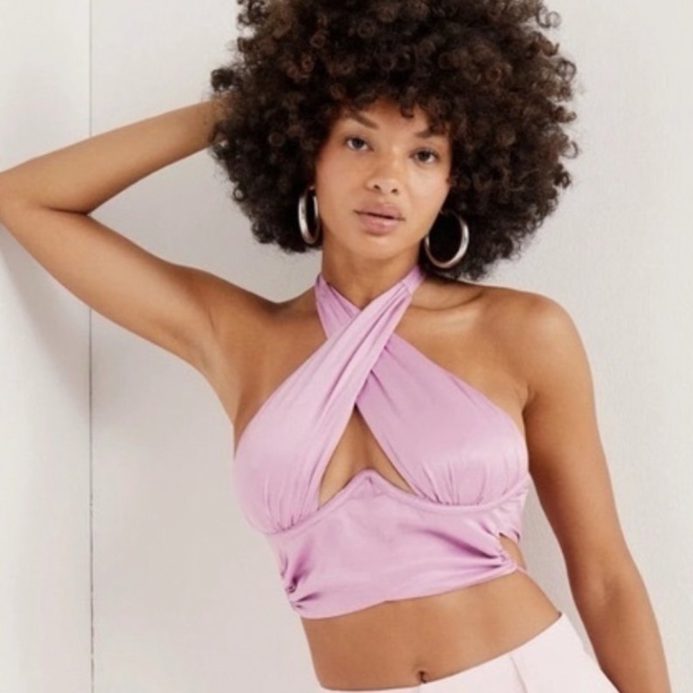 For Love & Lemons Orchid Pink Wrap Halter Top Keyhole Tie Back Large NEW